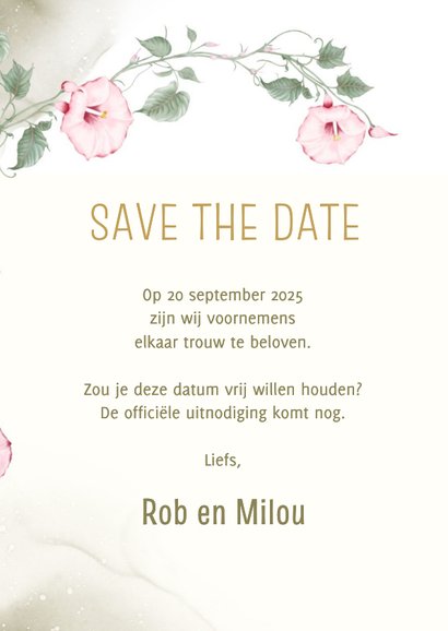 Save the date kaart met roze klokwinde 3