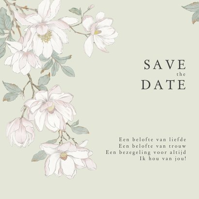 Save the date kaart met witte magnolia bloemen 2