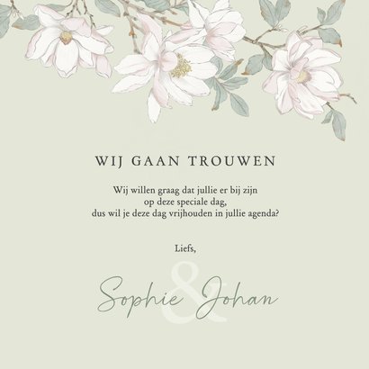 Save the date kaart met witte magnolia bloemen 3