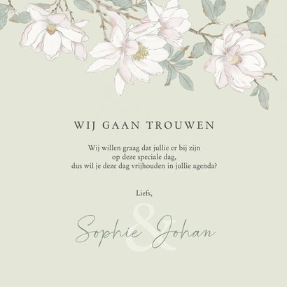 Save the date kaart met witte magnolia bloemen 3