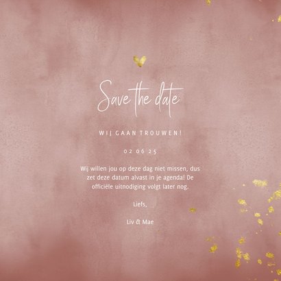 Save the date kaart oud roze waterverf gouden spetters 3