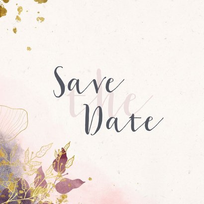 Save the Date kaart stijlvol met waterverf en gouden bloemen 2