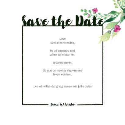 Save the Date kaart Stijlvol wit met bloemen 3