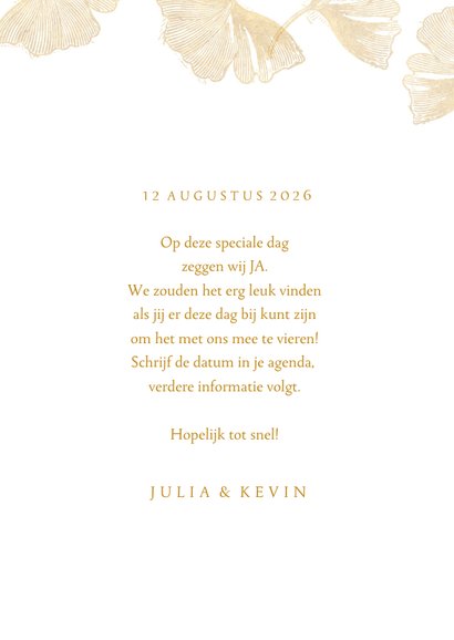 Save the date kaart voor de bruiloft ginkgobladeren stempel 3