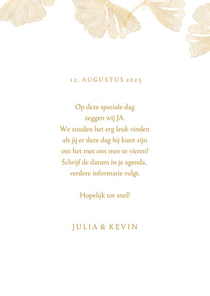 Save the date kaart voor de bruiloft ginkgobladeren stempel 3