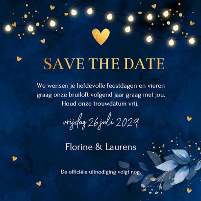 Save the Date kerstkaart blauw botanisch goudlook 3