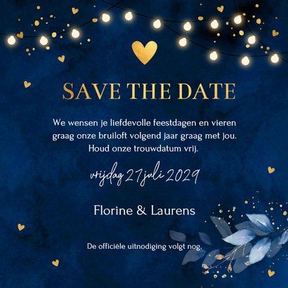 Save the Date kerstkaart blauw botanisch goudlook 3