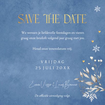 Save the Date kerstkaart blauw foto hart botanisch 3