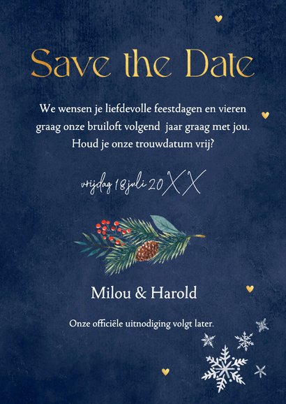 Save the Date kerstkaart blauw kerstkrans foto 3