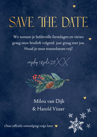 Save the Date kerstkaart blauw kerstkrans foto 3