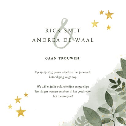 Save the date kerstkaart botanische print en gouden sterren 3