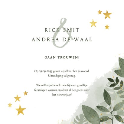Save the date kerstkaart botanische print en gouden sterren 3