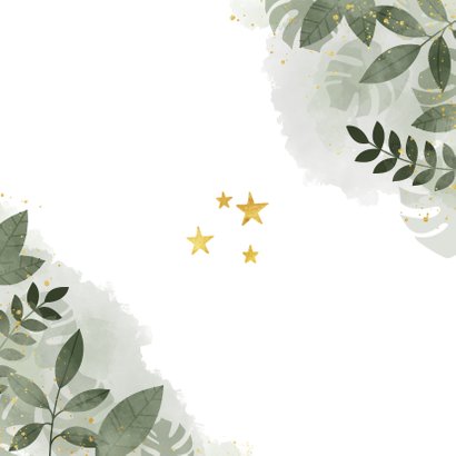 Save the date kerstkaart botanische print en gouden sterren Achterkant