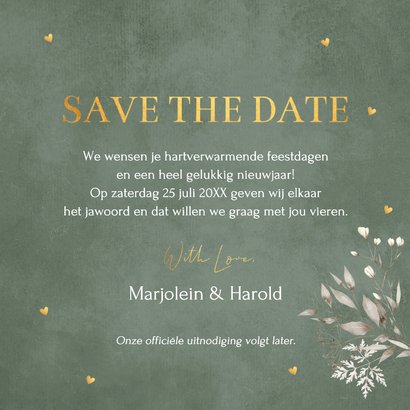 Save the Date kerstkaart groen botanisch goudlook 3