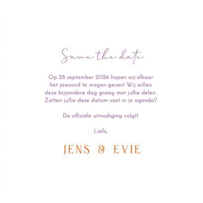 Save the date modern met lila ruitjes oranje boog en maan  3