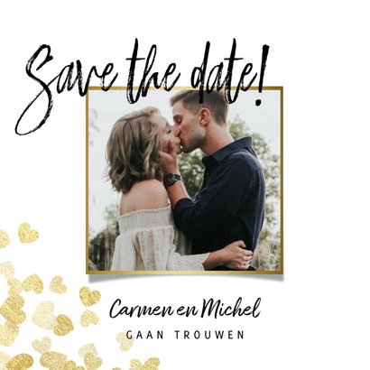 Save the date stijlvolle kaart gouden hartjes en foto 2