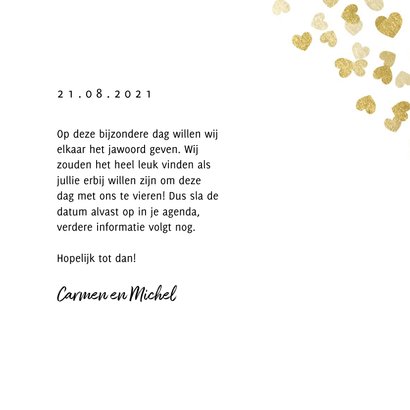 Save the date stijlvolle kaart gouden hartjes en foto 3