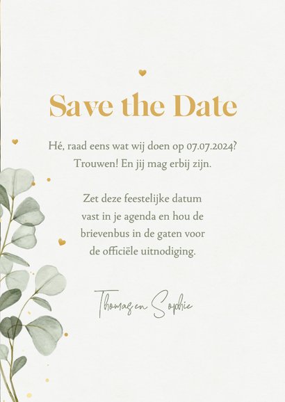 Save the date trouwkaart eucalyptus goud hartjes spetters 3