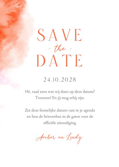 Save the date trouwkaart kleurrijk roze waterverf goud  3