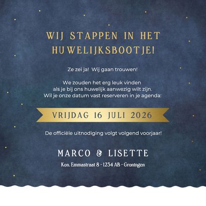 Save the Date trouwkaart - silhouet van aanzoek in zeilboot 3