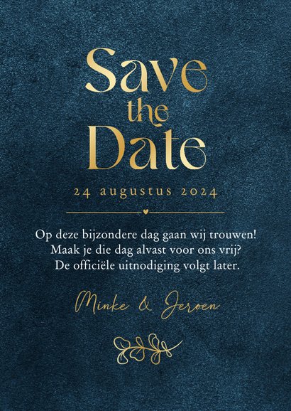Save the date trouwkaart velvet blauw goud sierlijk 3