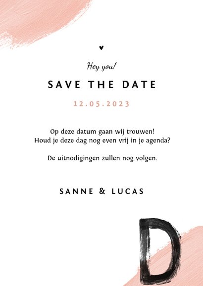 Save the date trouwkaart verf zwart roze foto 3