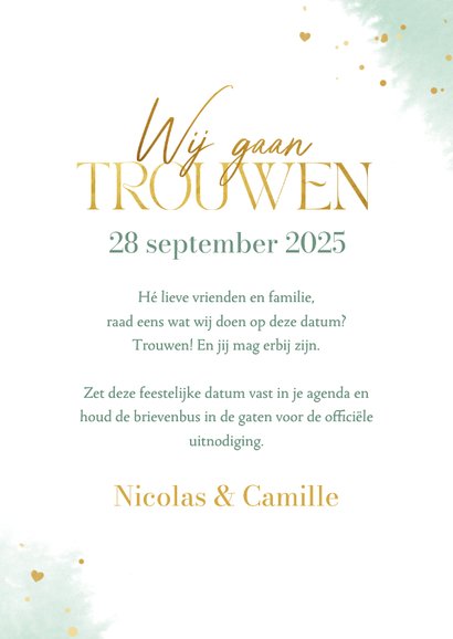 Save the date trouwkaart waterverf mint goud spetters foto 3