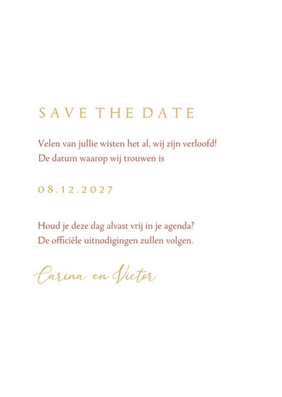 Save the date trouwkaart winter herfst bladeren goud 3