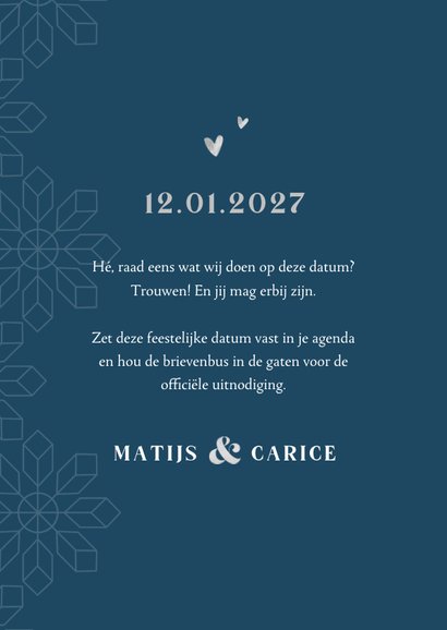 Save the date trouwkaart winter sneeuwvlokken patroon zilver 3