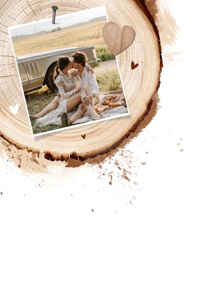 Save the date uitnodiging hout boomstam feestje foto hartjes 2