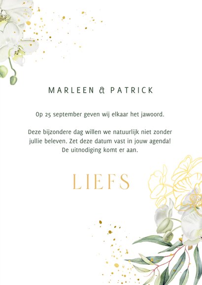 Save the date witte orchidee met folie op fluweel 3