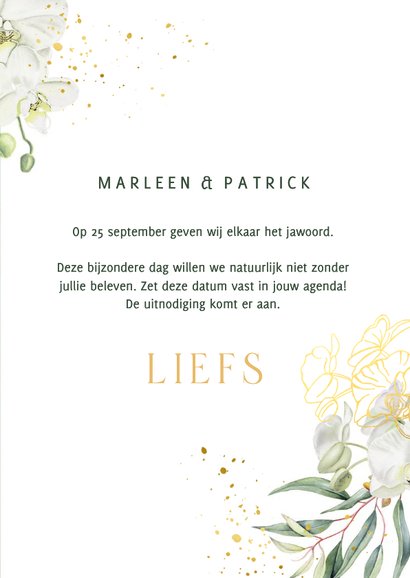 Save the date witte orchidee met folie op fluweel 3