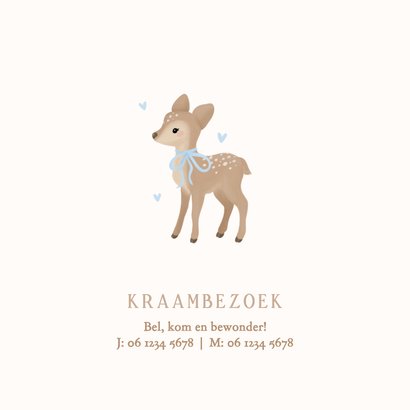 Schattig beige geboortekaartje jongen met hertje met strik 2