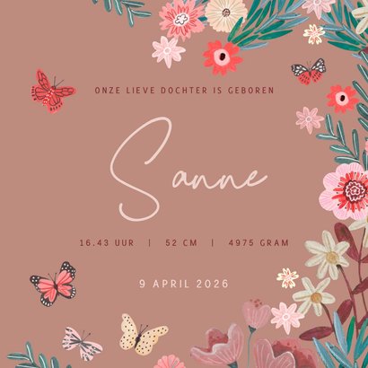 Schattig geboortekaartje boom bloemen en vlinders natuur 3