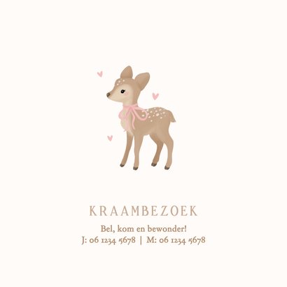 Schattig geboortekaartje meisje met hertje met strik beige 2