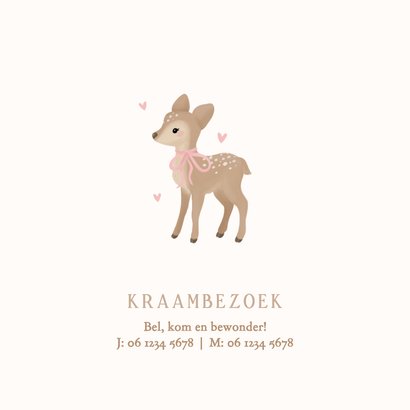 Schattig geboortekaartje meisje met hertje met strik beige 2