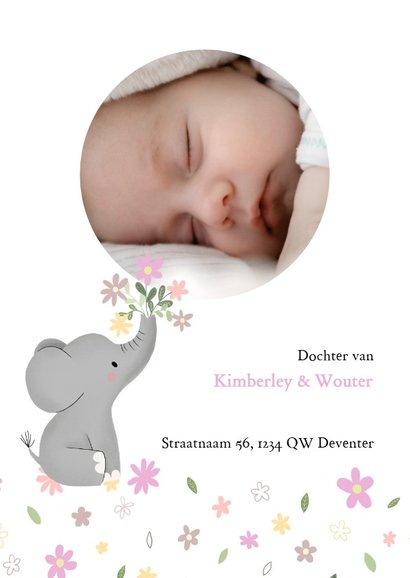 Schattig geboortekaartje met olifantje en bloemetjes 2