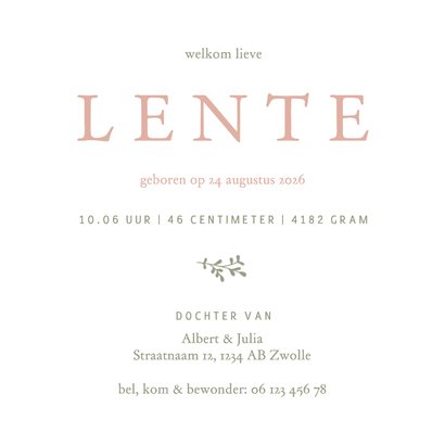 Schattig geboortekaartje met takjes en bijtjes  Achterkant