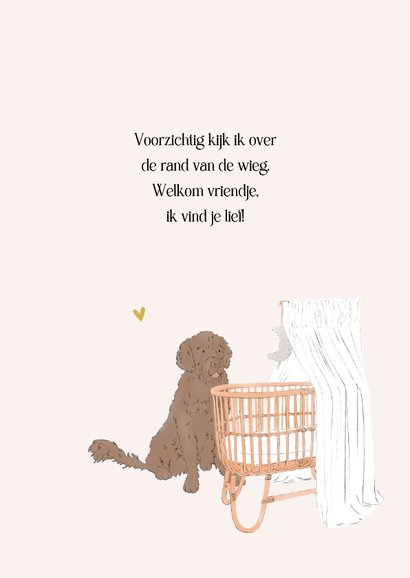 Schattig geboortekaartje met wiegje en hond goudfolie 2