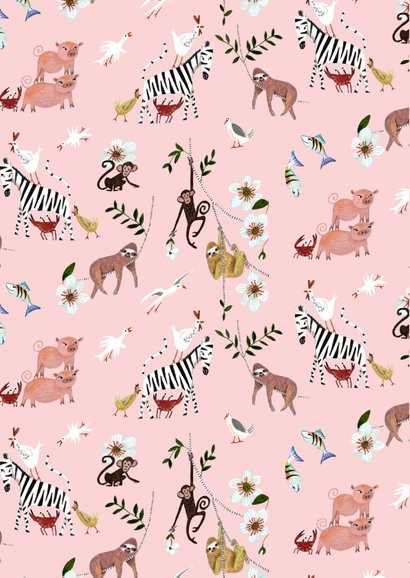 Schattig geboortekaartje roze met trendy luiaard dieren 2