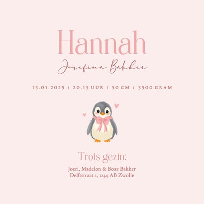 Schattig roze geboortekaartje pinguin een zusje 3