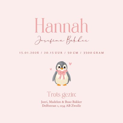 Schattig roze geboortekaartje pinguin een zusje 3