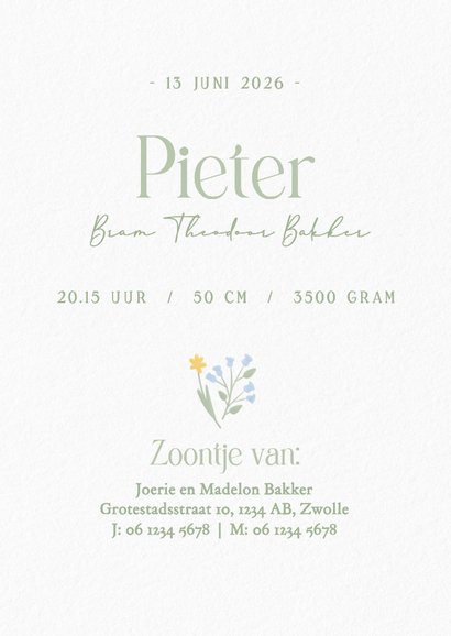 Schattig wit geboortekaartje jongentje met gansje en bloemen 3