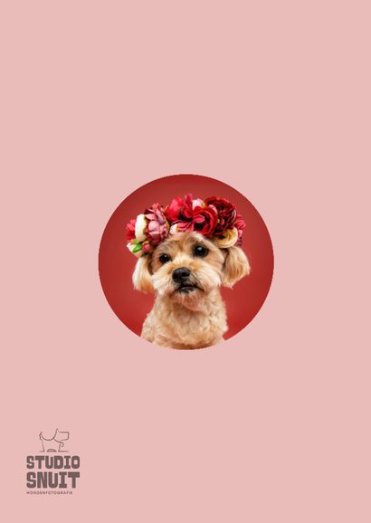 Schattige verjaardagskaart van hondje met bloemenkrans 2