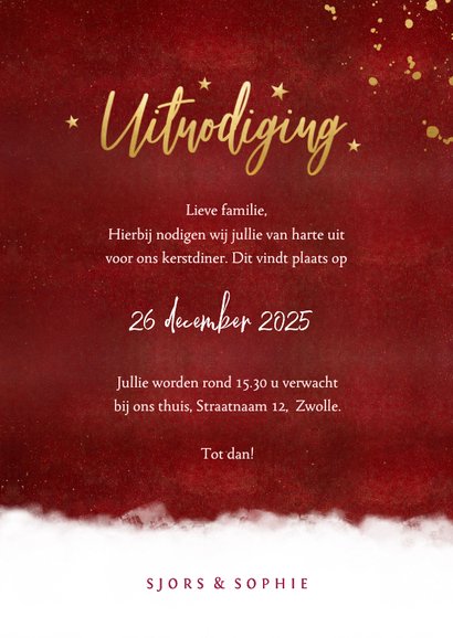 Sfeervolle uitnodiging kerstdiner warmrood goud waterverf 3