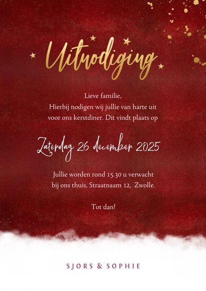 Sfeervolle uitnodiging kerstdiner warmrood goud waterverf 3