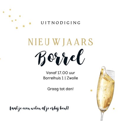 Sfeervolle uitnodiging nieuwjaarsborrel champagneglas 3