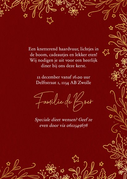 Sierlijke uitnodiging kerstdiner met gouden takjes rood 3