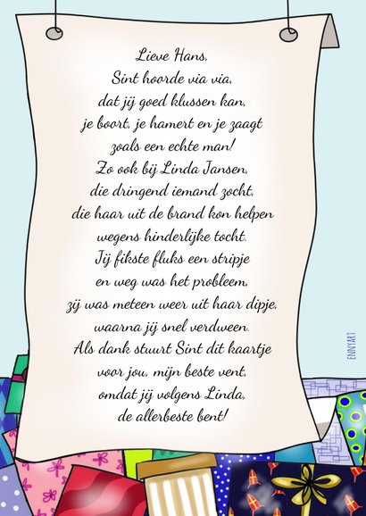 Sinterklaas - Sint met gedicht en een berg pakjes 2