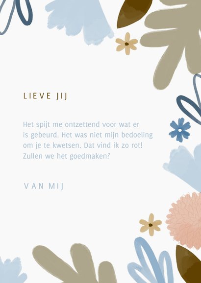 Sorrykaart het spijt me met bloemen blauw beige 3